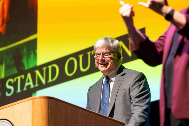 RIT President Bill Sanders speaks to the campus community during his State of the University address in the R I T Performing Arts Center