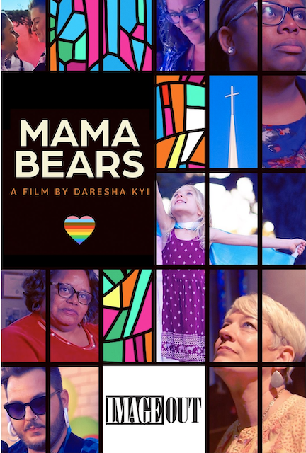Poster for film MAMA BEARS with multicolored stained glass windows featuring the characters in the film