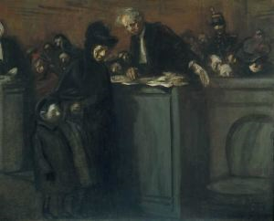 panting of courtoom scene with judge talking to woman 