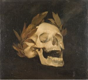 painting of skull with laurels on each side