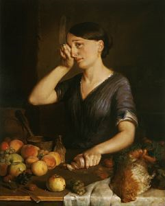 Painting of woman peeling onions and rubbing her eye