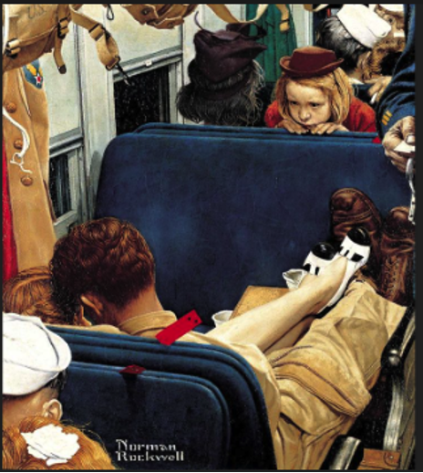 painting of young girl on train peeking at boy in next seats
