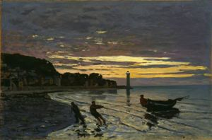 painting of men towing a boat to shore by ropes