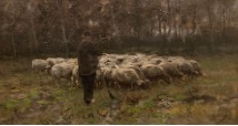 Painting of shepherd herding a flock of sheep on hillside