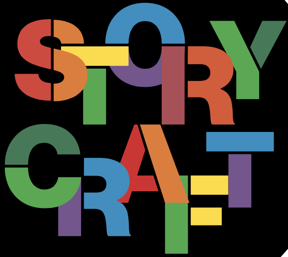 Colorful graphic with a black background of "storycraft"