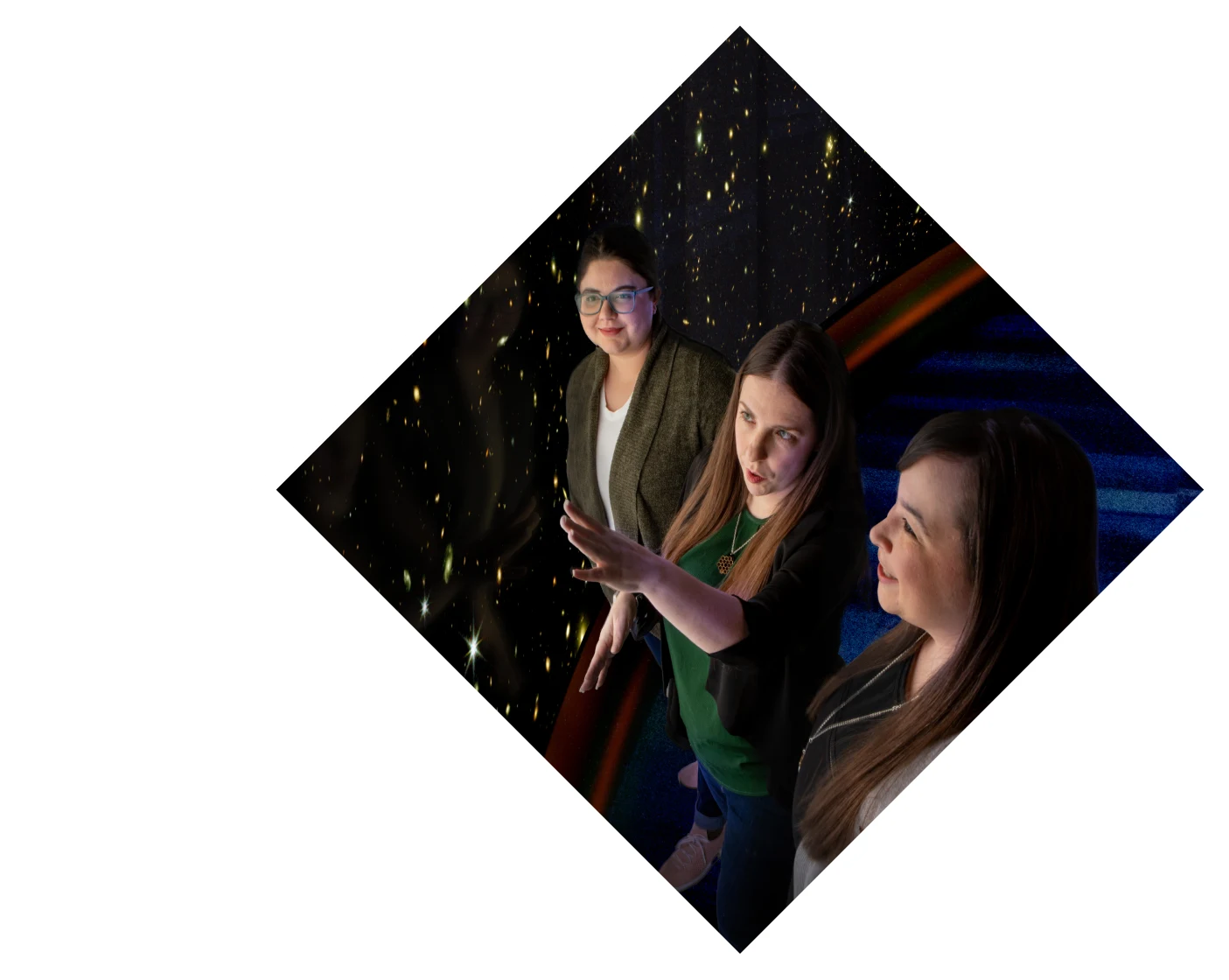 3 women pointing to images from James Webb Space Telescope