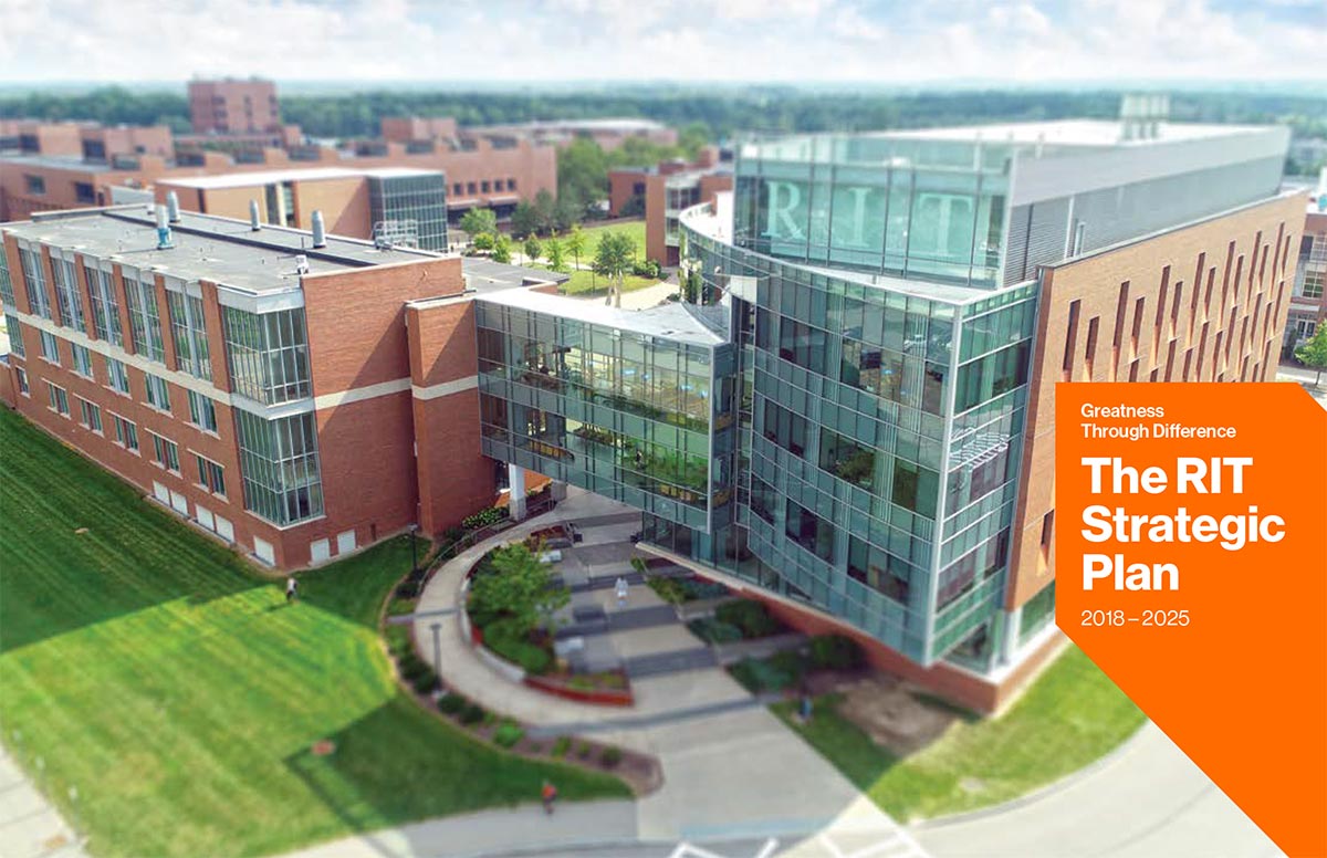 an aerial view of RIT with the text Greatness Through Difference The RIT Strategic Plan 2018-2025