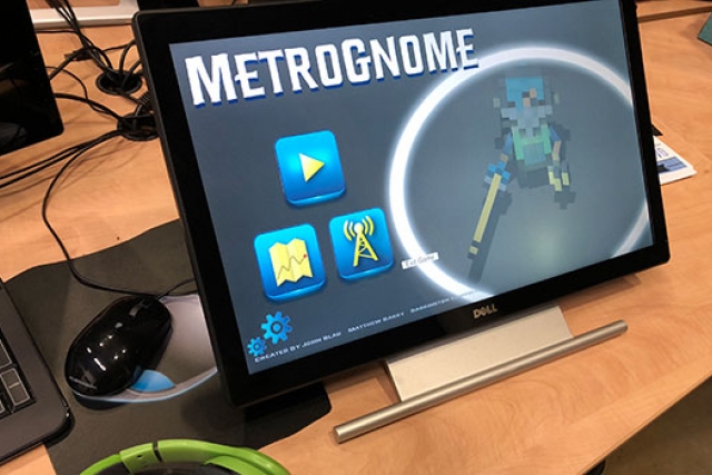 Tablet screen showing Metrognome logo and game start screen.