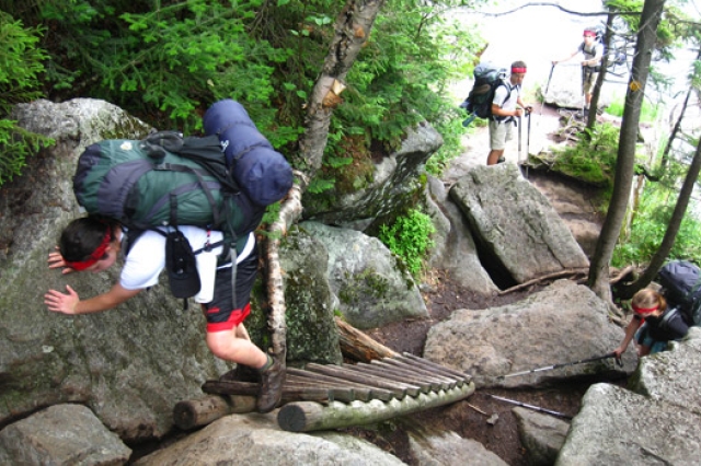 People hiking up trail