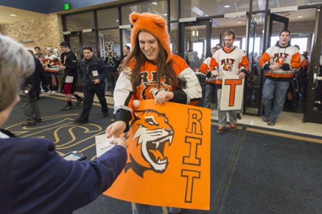 People walking out of arena 