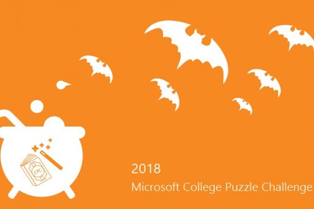 Orange image with white bat-shaped creatures. Text reads "2018 Microsoft Puzzle Challenge".