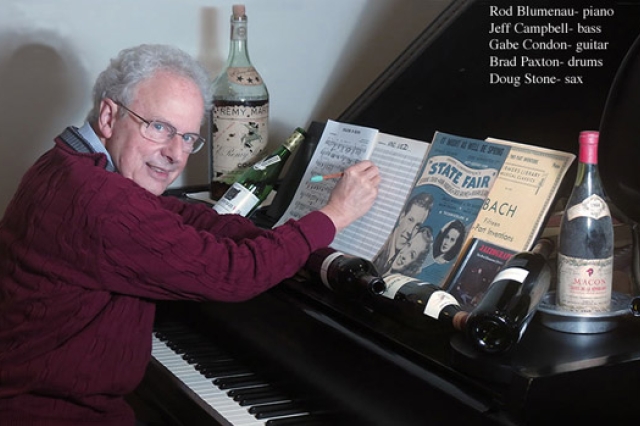Person posing next to piano