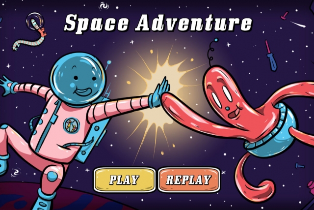 Screenshot of Space Adventure homepage, with cartoon astronaut and alien high-fiving.