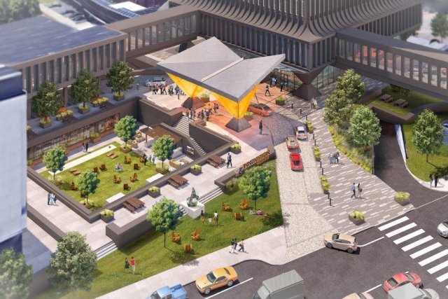 artist's rendering of a mixed-use plaza at the base of a high-rise building.