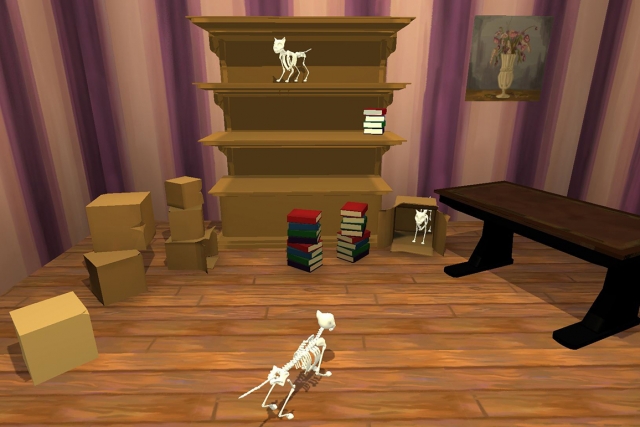 A render of cat skeletons in a room with books and furniture.