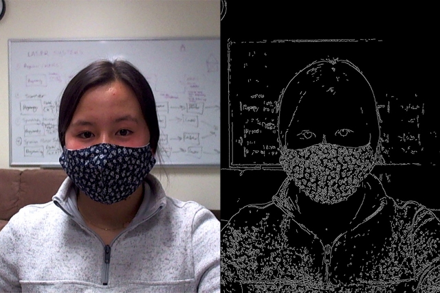 side-by-side images of student wearing a facemask and a digital drawing of the student wearig the mask.