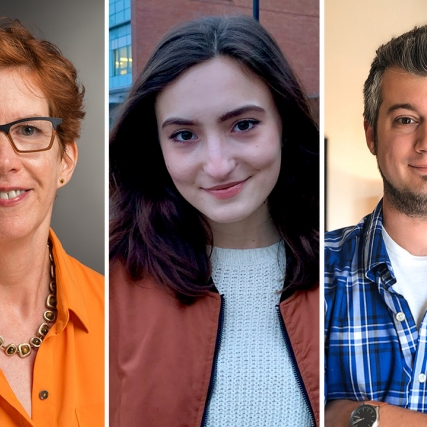 side-by-side portraits of Professor Susan Lakin, student Gia Caruso, and alumnus Matt Olpinski.