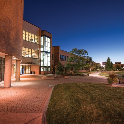 exterior of Golisano Computing building at dusk.