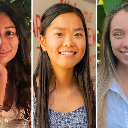 side-by-side portraits of Honors students Swathi Jacob, Bo Allaby, and Sarah Henretta.