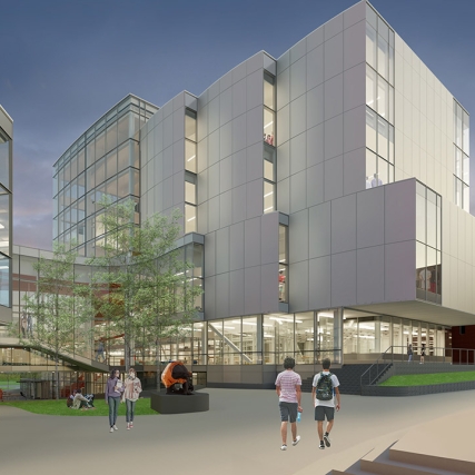 artist rendering of a multi-story glass building.