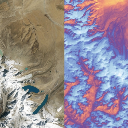 side-by-side images of a mountain range, the left showing the landscape and the right showing a temperature map.
