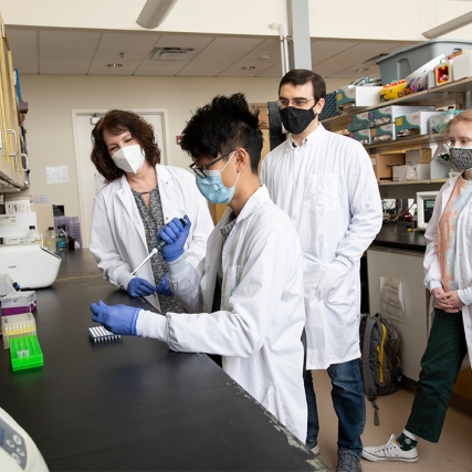 professor and students watching another student use a pipette.