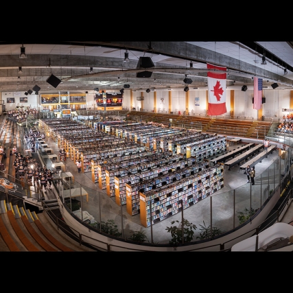 160-degree angle-of-view image of an ice arena that was turned into a library.