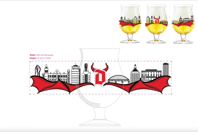 A glass design with the Rochester skyline.
