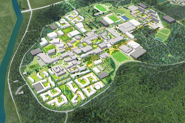 artist rendering of different types of buildings surrounded by a road and green space on a map.