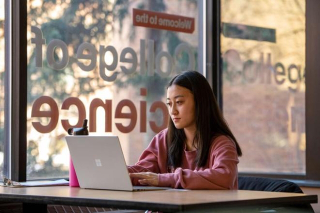 college student sitting at a table working on a laptop.