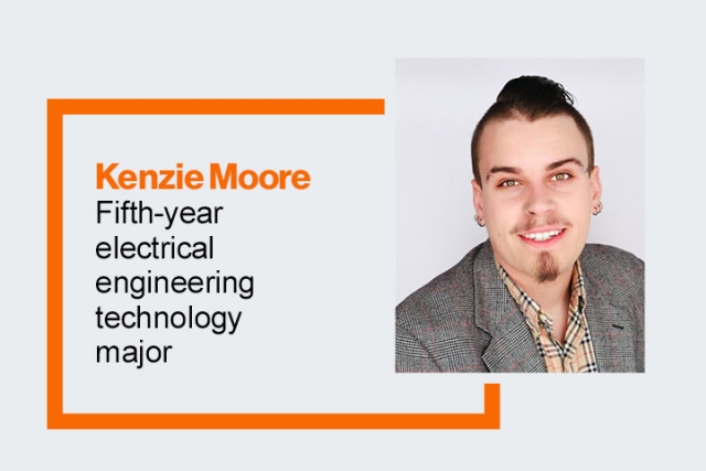 a headshot of Kenzie Moore appears next to a an orange outlined callout box Kenzie's name and major