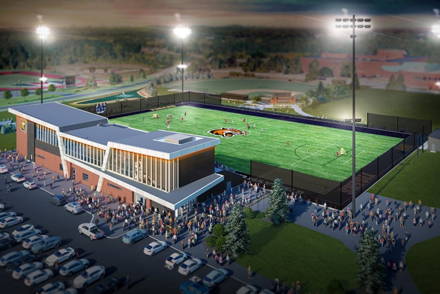 a rendering of the new stadium is shown from an arial perspective.