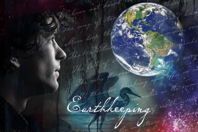 a poster with dark pastel colors is shown with earth in the background and the silhouette of a mans face entering the frame from the left.