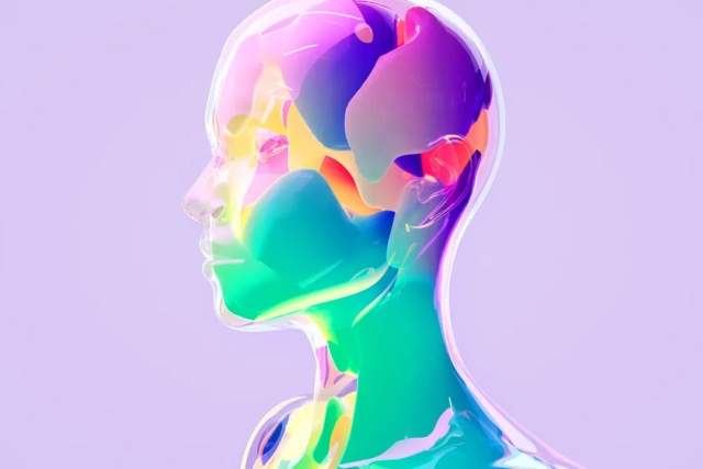 Abstract 3D-rendered profile of a human head made of transparent, multicolored material with a soft purple background.