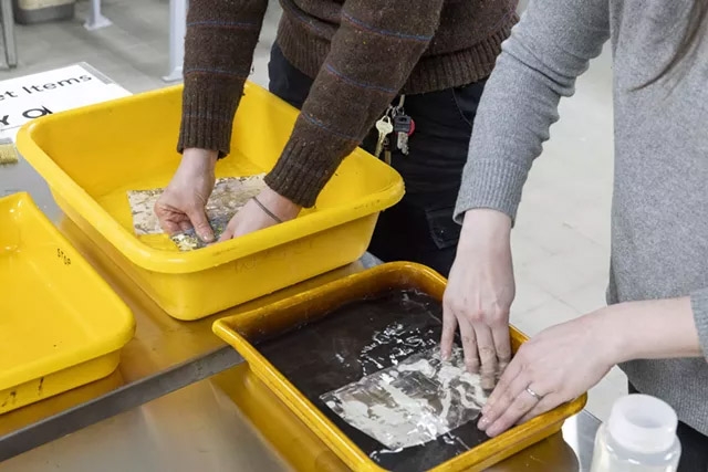 students hands are shown submerging paper in to yellow tubs in a photo lab.