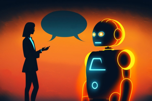 an illustration of a person and a glowing robot facing each other with a speech bubble above them.