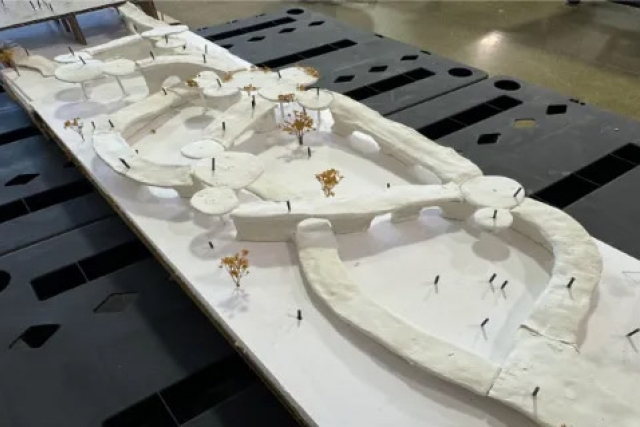 A model of a public space celebrating the preservation of Broad Street Bridge and graffiti walls.