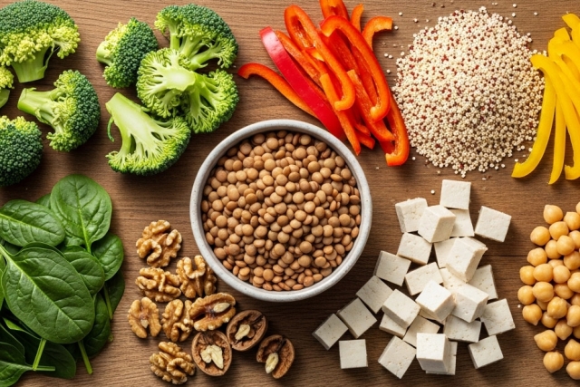 a variety of veggies and plant based foods appear on a wooden tray