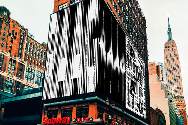 A NYC billboard on top of a subway station, with black and white graphics.