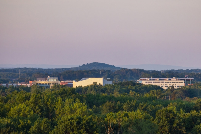 The tops of buildings on the R I T campus appear during sunrise behind trees.
