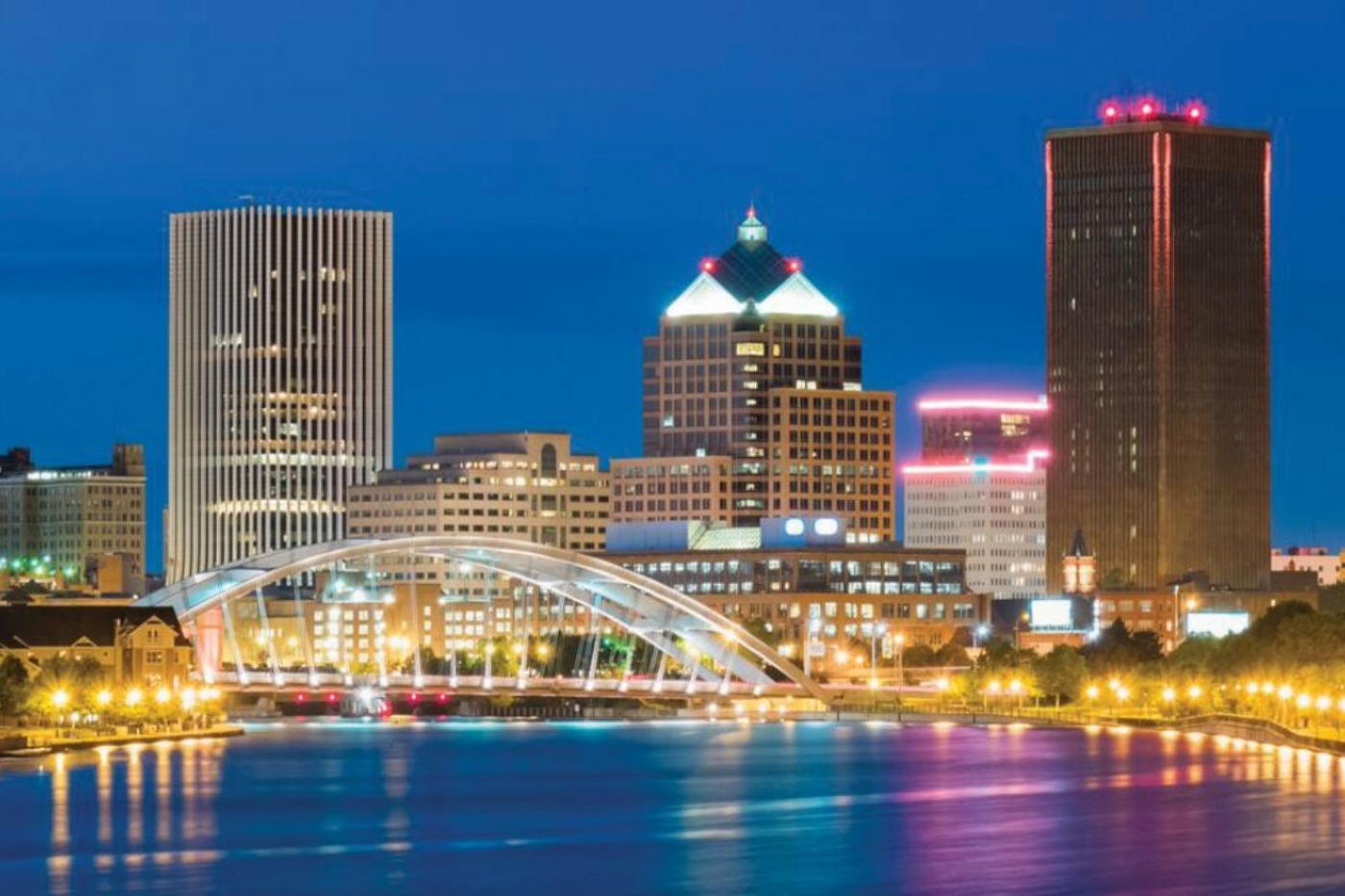 A photo of Rochester, NY skyline at night 