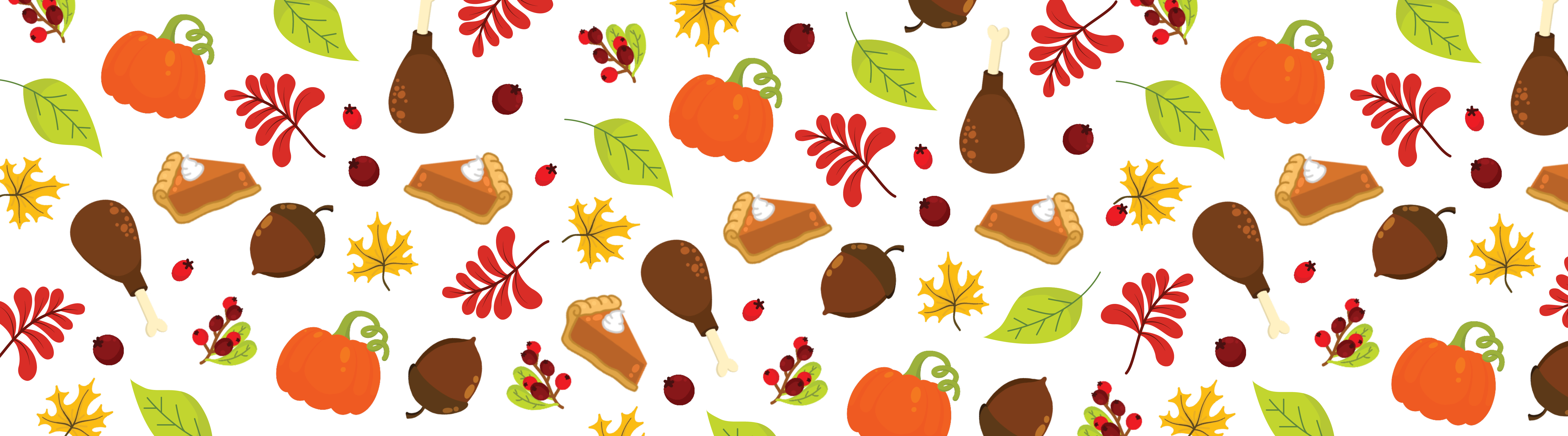 Pattern background with pumpkins, pie, acorns, and fall leaves