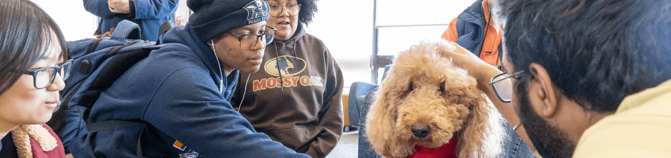 Students sitting around and petting a therapy dog