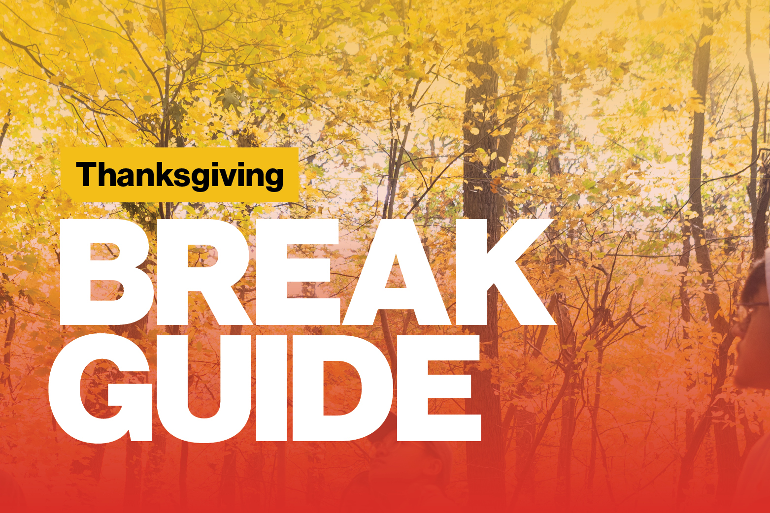 A picture of a tree on campus with leaves changing red/orange for fall with text "Thanksgiving Break Guide"