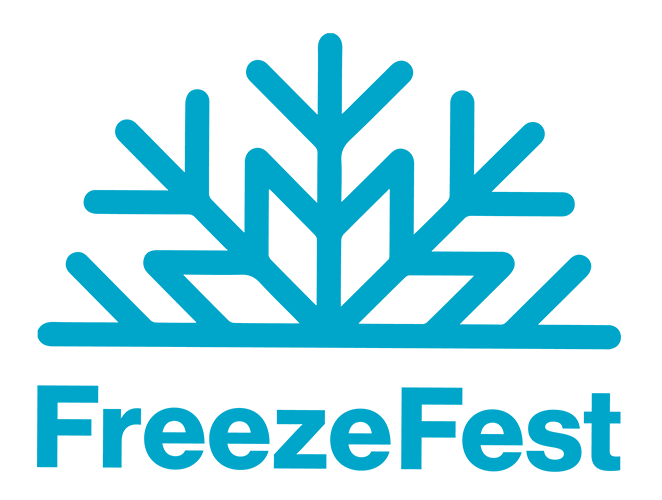 FreezeFest Logo in Blue: icon of a snowflake cut in half above the word "FreezeFest"