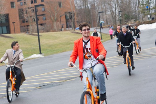 People riding bikes outside