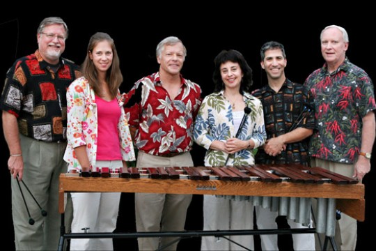 People posing behind xylophone