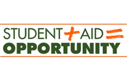 Green text saying "Student plus aid equals opportunity".