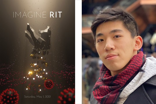 Imagine RIT festival poster with a 3D tiger, and a portrait of the student who created the poster.