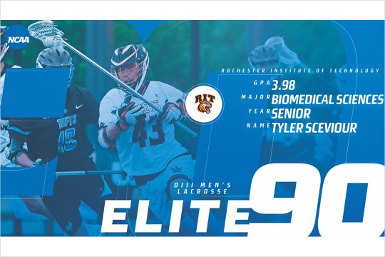 graphic with image and stats for men's lacrosse player Tyler Sceviour and the words Elite 90.